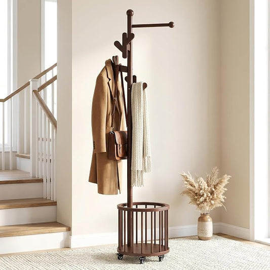 Uniclinens Freestanding Wooden Coat Rack with Umbrella Holder，Walnut Coat Rack with Hooks, Space-Saving Entryway Organizer for Hanging Clothes and Storing Towels, Bedroom, Living Room