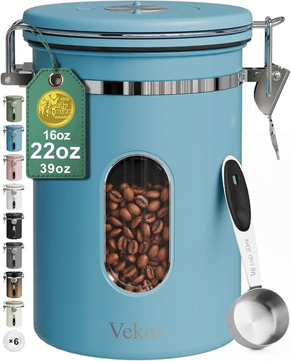 Veken Coffee Canister with Window, Airtight Stainless Steel Kitchen Food Storage Container with Lids, Date Tracker and Scoop for Ground, Beans, Tea, Flour, Cereal, Sugar Jars, 22OZ, Blue