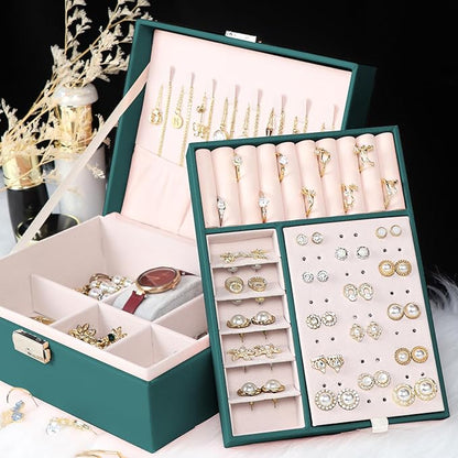 Jewelry Box for Women Girls, 2 Layers Jewelry Organizer Container with Lock, PU Leather Storage Case with Removable Tray, Jewelry Display Box for Necklaces Earrings Bracelets Rings Watches (Green)