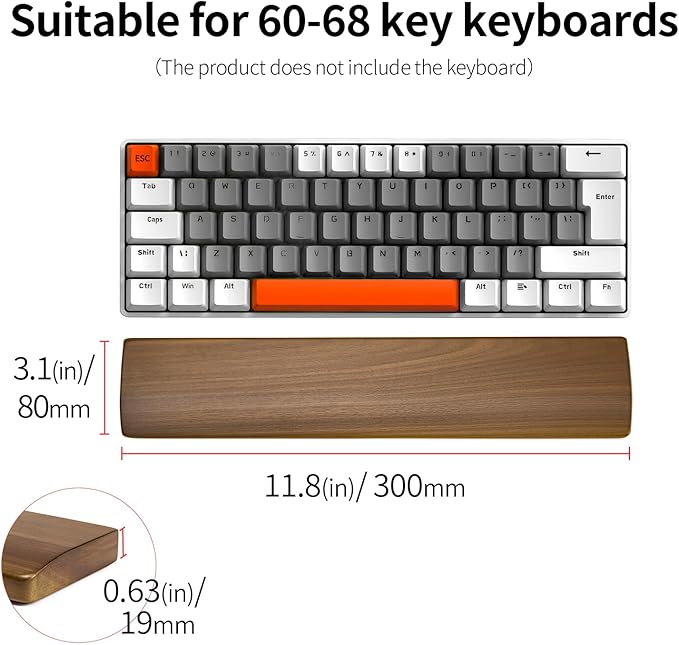 Walnut Wooden Wrist Rest for 60-68 Key Mechanical Keyboard | Ergonomic Design for Wrist Pain Relief, Smooth No Odor and Easy to Clean, Support Wrist to Coding Typing and Playing