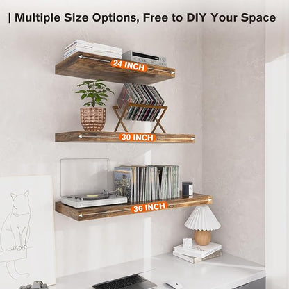 JPND Floating Shelf, Set of 2 Wall Shelf, 36 in W x 12.75 in D x 2 in H Wooden Floating Wall Shelf with Invisible Brackets for Living Room/Bedroom/Bathroom/Kitchen Storage and Decor, Rustic Brown