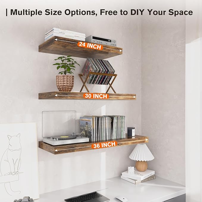 JPND Floating Shelf, Set of 3 Wall Shelf, 30 in W x 12.75 in D x 2 in H Wooden Floating Wall Shelf with Invisible Brackets for Living Room/Bedroom/Bathroom/Kitchen Storage and Decor, Rustic Brown