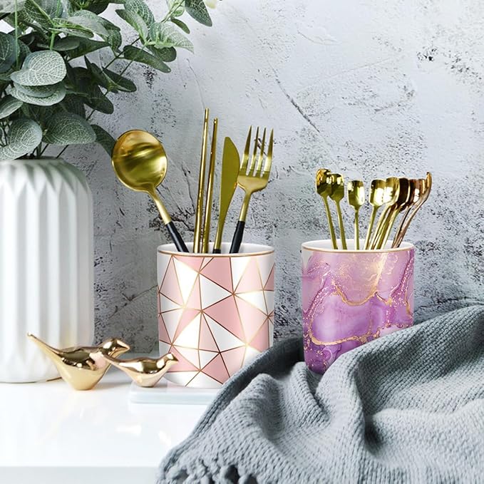 WAVEYU Pen Holder for Desk, Cute Ceramic Pencil Holder, Pen Cup Marker Holder Makeup Brush Holders, Desk Accessories & Workspace Organizers for Home, Office, Purple Marble