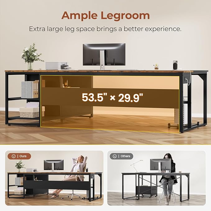 71" Executive Desk, Large Office Desk with Widen File Drawers & Power Outlets, Reversible L Shaped Computer Desk Corner Desk with Storage Shelves, CPU Stand, Hooks, Business Furniture