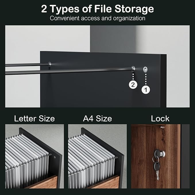 63" Wood Lateral File Cabinet with Lock, Filing Cabinet for Home Office with Adjustable Storage Shelves, Wide Office Credenza, Fits Letter/A4 Size, Black Walnut