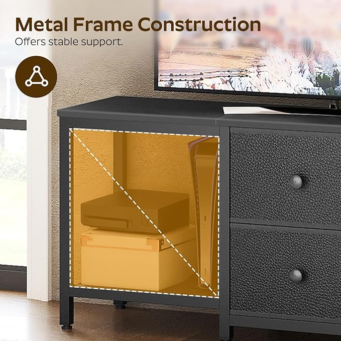 YATINEY TV Stand for TVs up to 55", Entertainment Center with 2 Fabric Drawer, Media Console with Shelves, Television Stands for Living Room, Bedroom, Black DS02BB