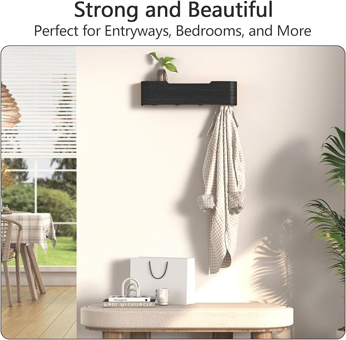 Coat Rack Wall Mount with Shelf 4 Hidden Hooks Modern Wooden Key Holder Entryway Organizer for Hallway Bedroom Bathroom Home Decor Storage for Hanging Coats Hats Bags Towels, Black
