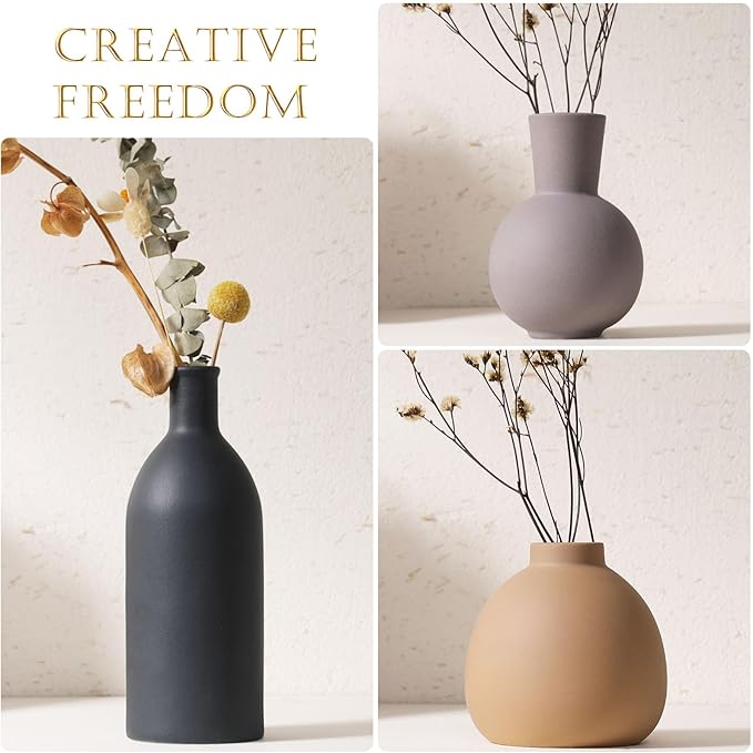 Ceramic Vase Set of 3 - Handcrafted Ceramic Vases for Home Decor & Shelf - Modern Farmhouse Decor for Kitchen, Office, Bedroom & Living Room Decorative Objects for Mantel, Table Centerpieces