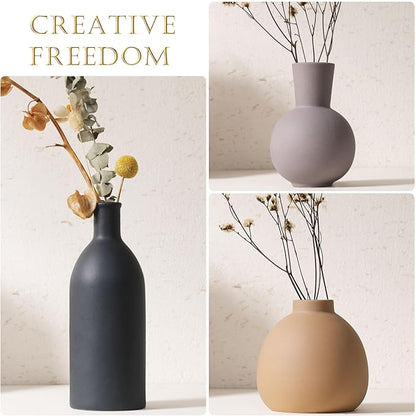 Ceramic Vase Set of 3 - Handcrafted Ceramic Vases for Home Decor & Shelf - Modern Farmhouse Decor for Kitchen, Office, Bedroom & Living Room Decorative Objects for Mantel, Table Centerpieces