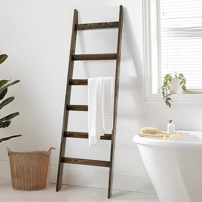 TEAKMAMA 6-Tier Blanket Ladder for Living Room and Bedroom,5.4 Ft Wall Leaning Quilt Rack with Hooks,Rustic Decorative Farmhouse Blanket Storage,Ladder Holder,Christmas Decorations,Rustic Brown
