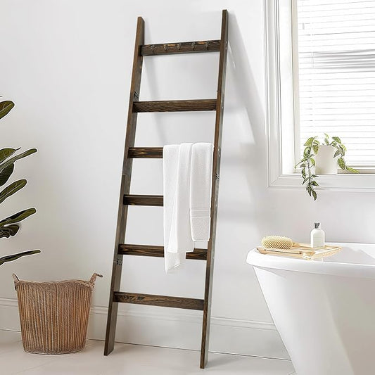 TEAKMAMA 6-Tier Blanket Ladder for Living Room and Bedroom,5.4 Ft Wall Leaning Quilt Rack with Hooks,Rustic Decorative Farmhouse Blanket Storage,Ladder Holder,Christmas Decorations,Rustic Brown