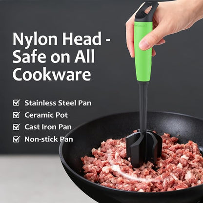Ourokhome Meat Chopper and Potato Masher, Heat Resistant Nylon Ground Beef Smasher for Hamburger, 5 Curved Blades Nonstick Safe Mixer & Stirrer, Practical Kitchen Gadgets, Green