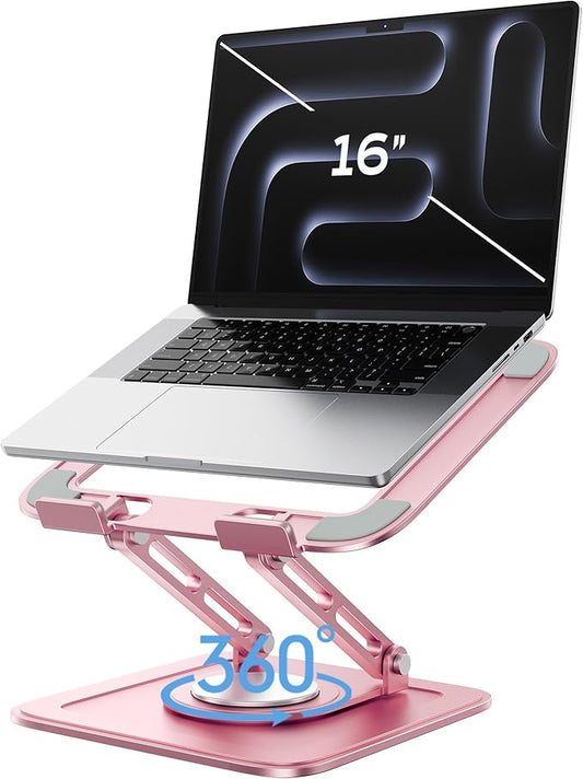 LOXP Adjustable Laptop Stand, Computer Stand with 360 Rotating Base, Ergonomic Laptop Riser Mount for Desk Foldable Protable Computer Desk Fits with MacBook Pro Air (10-16") - Pink