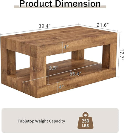 LKTART 39.37" Coffee Table with Storage, 2-Tier Mid Century Rectangular Accent Table with Thick Tabletop, Rustic Style Cocktail, Center Table for Living Room, Office, Apartment (Natural Wood)