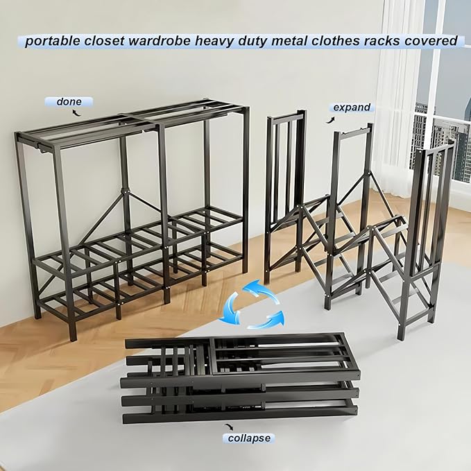 66.1in Heavy Duty Foldable Wardrobe with Cover, Portable Closets for Hanging Clothes, Load 1200lbs, Large Capacity Freestanding Armoires Portables Storage Covered Garment Racks (grey, 66.1in/168cm)