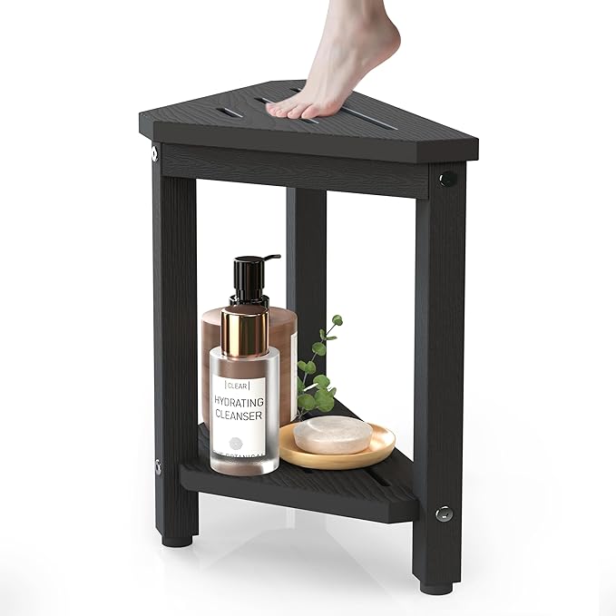 Shower Foot Rest 14in, HDPE Waterproof Shower Stool for Inside Shower, Corner Shower Stool for Shaving Legs with Storage Shelf, Shower Step Stool for Small Space, Plastic Corner Shower Bench, Black