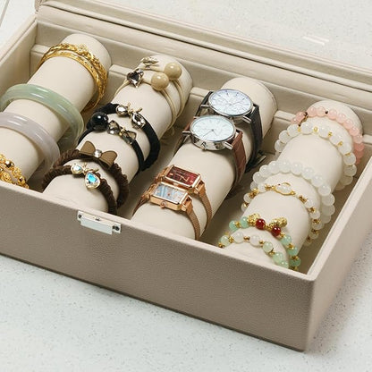 Bracelets Organizer Rods Bangles Display Holder, Clear See through Lid Leather Velvet Jewelry Storage Box Case for Women, 4 Rods Apricot Leather