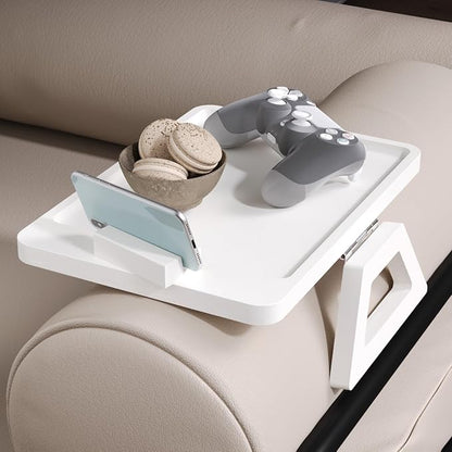 Couch Arm Tray with 360°Phone,Bamboo Folding Sofa Tray,Sofa Armrest Trays Clip-On Couch Desk for Drinks,Snacks,Phone,Remote Control（White）