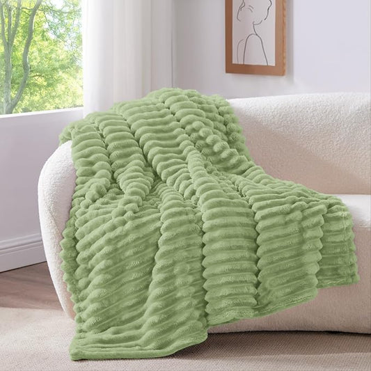 BEDELITE Fleece Throw Blanket for Couch - 300GSM Soft & Warm Fluffy Sage Green Blanket, Decorative and Giftable Striped Blankets for Women, Men, 50"x60"