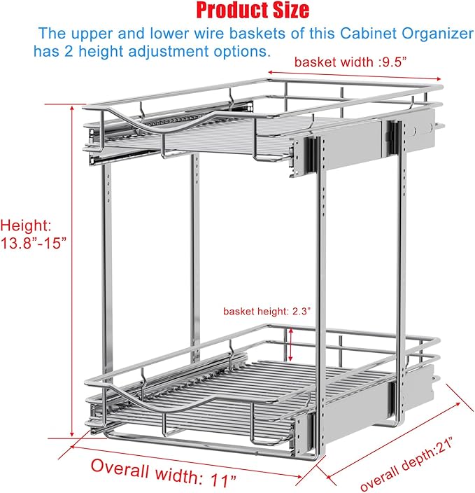 DINDON 2 Tier Pull Out Cabinet Organizer (11" W X 21" D), Double Tier Wire Basket Slide Out Shelf Storage for Kitchen Base Cabinet Organization for Kitchen, Pantry, Bathroom, Chrome