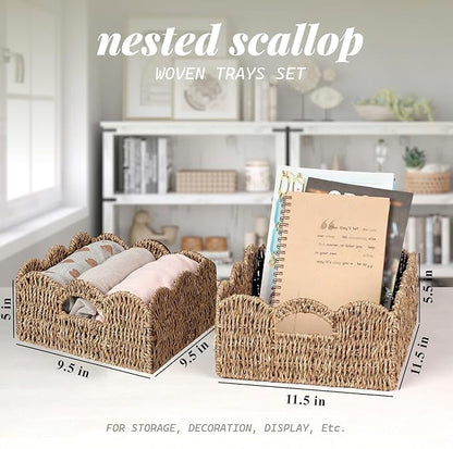 Scalloped Baskets (Natural-Set of 2) Seagrass Basket For Decor, Basket Living Room Organizer, Bathroom, Bedroom, Laundry,... Seagrass Storage Baskets with Built-in Handles.