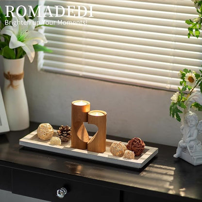 Romadedi Wooden Decorative Tray Candle Holder - 13.5 inch Wood Long Narrow Tray Home Decor Small Rustic Farmhouse Centerpieces Trays for Coffee Table Dining Room Living Room, Whitewashed