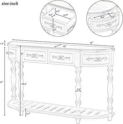 HMFULE Retro Curved Console Table, 52" Solid Wood Half Moon Console Table Sofa Table with 4 Drawers 1 Open Shelf for Living Room,Entryway,Hallway,Black