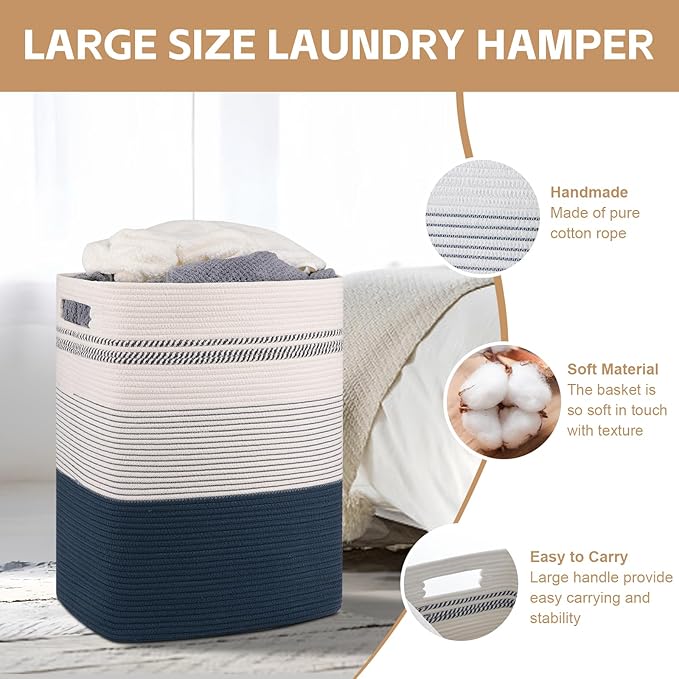 SIXDOVE Laundry Hamper, Large Woven Rope Tall Laundry Basket with Handles, 22" X 17" X 13", Decorative Storage Basket for Clothes and Blankets in Living room, Bedroom, Dark Blue& White