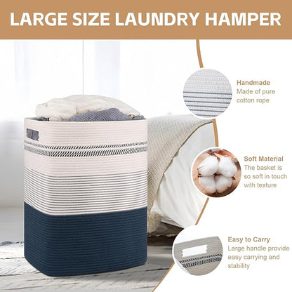 SIXDOVE Laundry Hamper, Large Woven Rope Tall Laundry Basket with Handles, 22" X 17" X 13", Decorative Storage Basket for Clothes and Blankets in Living room, Bedroom, Dark Blue& White