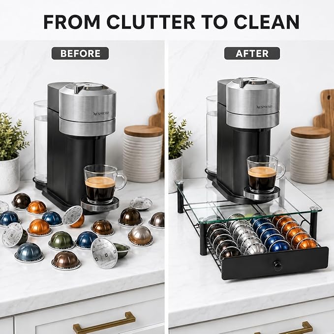 Tempered Glass Coffee Pod Drawer, Nespresso Vertuo Capsule Holder Organizer for 40 Pods, Under Coffee Maker Storage, Compatible with Vertuo Next/Plus, 14.76"x12.99"x3.5"