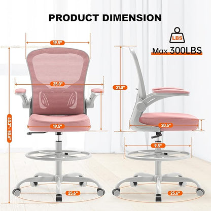 Ergonomic Drafting Chair, Tall Office Chair with Flip-up Armrests, Breathable Mesh High Desk Chair with Lumbar Support Adjustable Footrest Ring for Standing Desk Pink