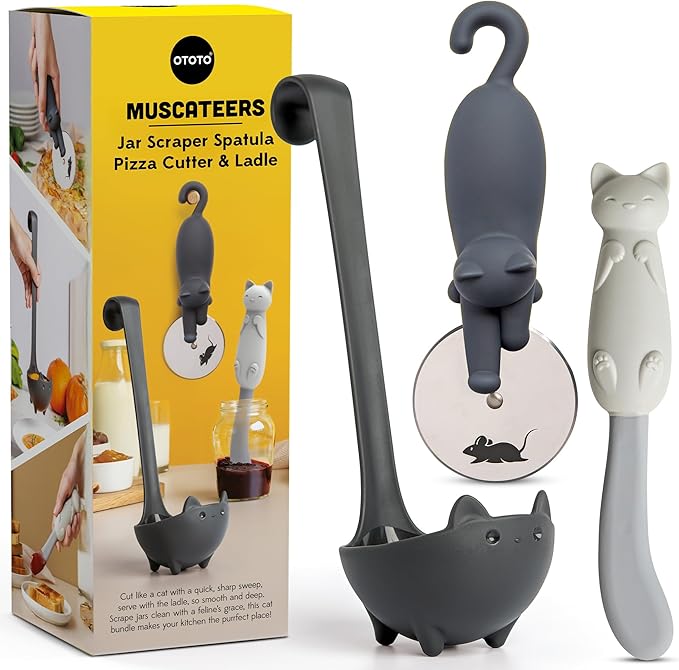 OTOTO Muscateers Bundle of Mary Cat, Katie, Kitty - Jar Scraper Spatula, Soup Ladle, Pizza Cutter - Cute Kitchen Accessories, Spooky Gothic Cat Gifts for Women, Kitchen Gifts, Halloween Gifts