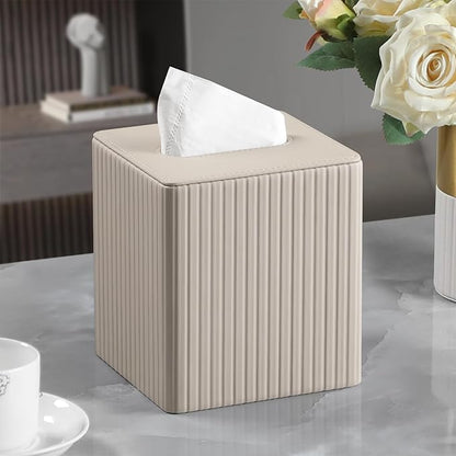 MEIBOOCH PU Leather Tissue Box Cover Square Tissue Box Holder with Magnetic Closure (Beige Stripe)