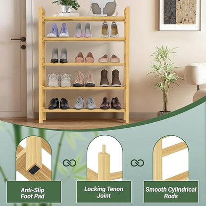 Haddockway Bamboo Shoe Rack for Closet, Free Standing Shoe Organizer with Smooth Round Rods & Convenient Handles, Stackable Shoe Storage Shelf for Entryway, Hallway(Natural, 5-Tier(Small))
