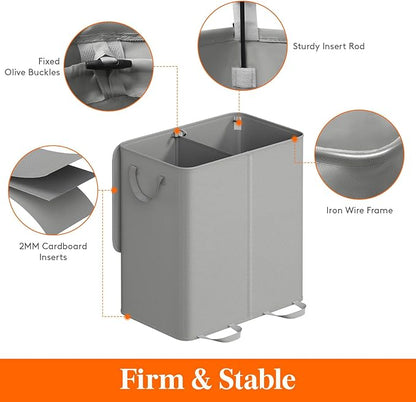Lifewit Double Laundry Hamper with Lid and Removable Laundry Bags, Large Collapsible 2 Dividers Dirty Clothes Basket with Handles for Bedroom, Laundry Room, Closet, Bathroom, College, 136L Silver Gray