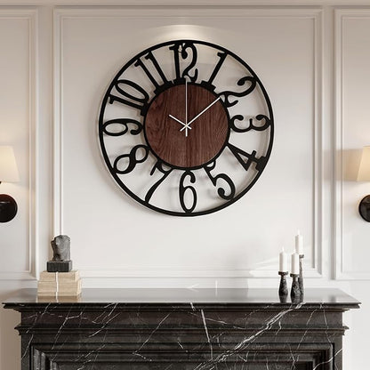 30" Extra Large Wall Clock, Modern Battery Operated Silent Non Ticking 30 inch Decorative Wood Metal Wall Clock, Black Round Big Clocks for Living Room, Bedroom, Kitchen, Office Decor-Arabic Numerals