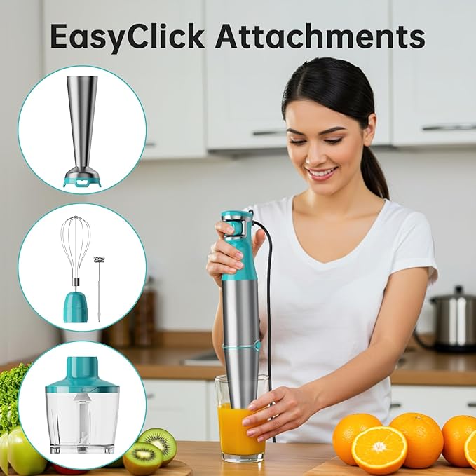 Turelar Immersion Blender Handheld Corded Hand Blenders Set 1100W, Trigger Variable Speed 5 in 1 Stick Emulsifier with Chopper, Whisk and Frother for Soup, Baby Food and Smoothies, Cyan Blue