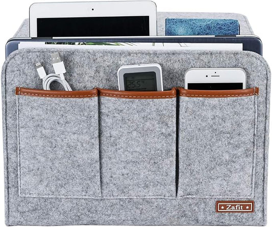 Zafit Bedside Caddy, 6 Pockets Large Size Bedside Storage Organizer Bedside Organizer Caddy for Magazine Remotes Phone (13.4'' x 18.1'', Light Grey)
