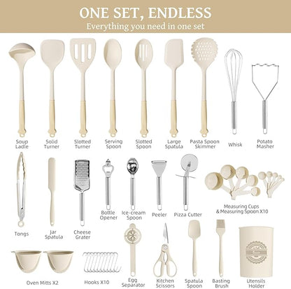 Kikcoin 43Pcs Large Kitchen Utensils Set - Silicone Cooking Utensils Set, Dishwasher Safe Spatula Set for Non-stick Cookware, 446°F Heat Resistant Kitchen Utensils Set with Holder BPA Free, Cream