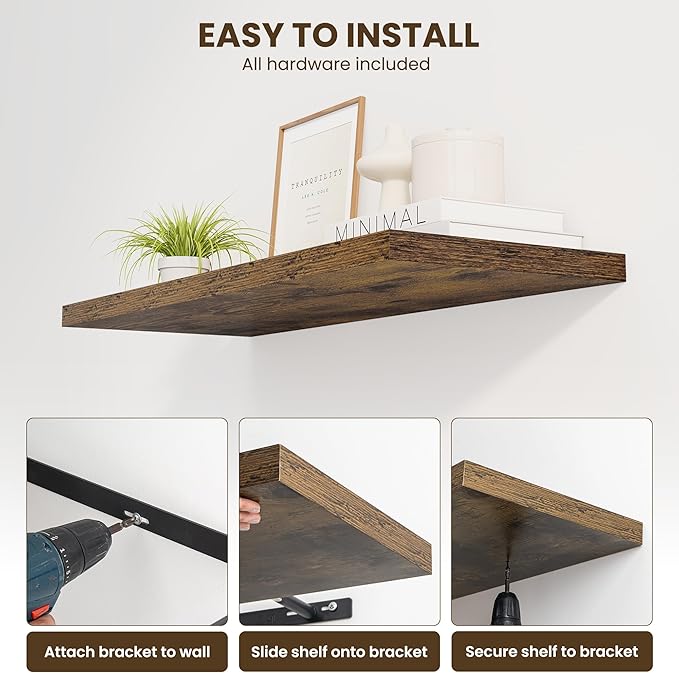 Dreamland 55" Floating Shelves for Wall, 12" Deep Slim Rustic Brown Floating Shelves, Wall-Mounted Shelves for Bedroom, Living Room, Kitchen, Bathroom - Set of 2