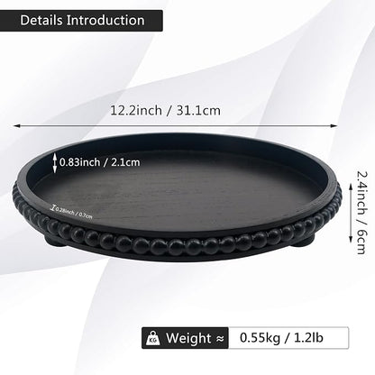 FramePro Decorative Tray 12in Round Wood Beaded - Black Serving Tray Risers for Living Room, Coffee Table, Kitchen or Farmhouse Display