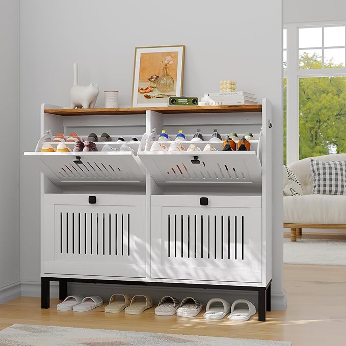 Garvee 4 Flip Drawer Shoe Cabinet with Adjustable Shelves, Hidden Shoe Organizer with Large Capacity, Freestanding Wooden Shoe Rack for Entryway, Hallway, Living Room, White