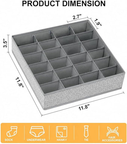 Sock Organizer 4 Pack, Foldable Underwear Drawer Organizer - 24 Cell for Socks, Handkerchiefs, Ties, Belts (Gray)