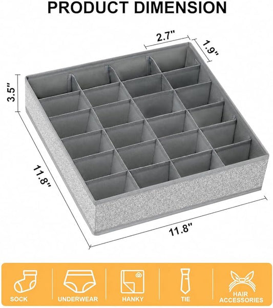 Sock Organizer 4 Pack, Foldable Underwear Drawer Organizer - 24 Cell for Socks, Handkerchiefs, Ties, Belts (Gray)