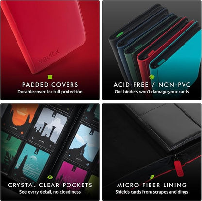 Vault X 12 Pocket Zip Binder, 480 Cards, Exo-Tec Material, 20 Side-Loading Pages (Red)