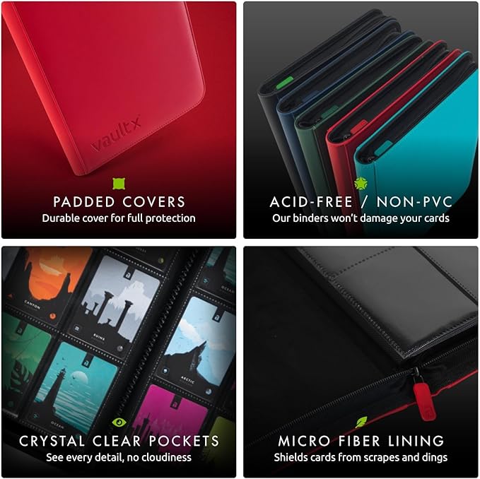 Vault X 12 XL Pocket Zip Binder, 624 Cards, Exo-Tec Material, 26 Side-Loading Pages (Red)