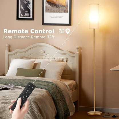 Ambimall 64'' Floor Lamps for Living Room with Remote Control and Stepless Dimmable Colors Temperature & Brightness, 9W Bulb Included(Beige Lampshade & Gold Pole)