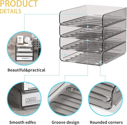 Clear Paper Organizer - Brown Acrylic Stackable Paper Tray for Desk, 4-Tier Letter Tray Organizer with Smooth Edges and Rounded Corners