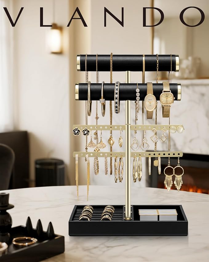 Vlando 3 Tier Necklace Holder Organizer with Tray, Leather Bracelet Holder Display for Women, Gold Jewelry Stand for Bracelet, Necklace, Earrings, Rings - Black