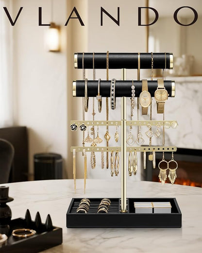Vlando 3 Tier Necklace Holder Organizer with Tray, Leather Bracelet Holder Display for Women, Gold Jewelry Stand for Bracelet, Necklace, Earrings, Rings - Black